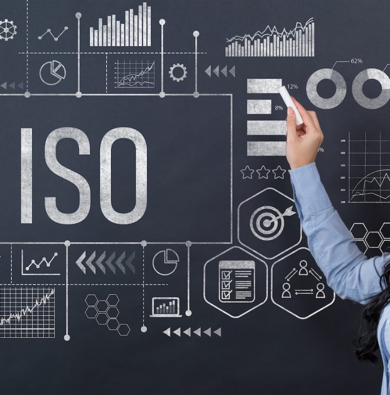 ISO concept with young woman writing on a blackboard